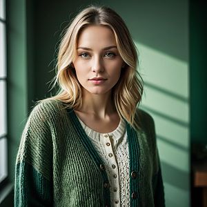 Portrait of Young Blonde Woman in Green Cardigan Against Green Wall