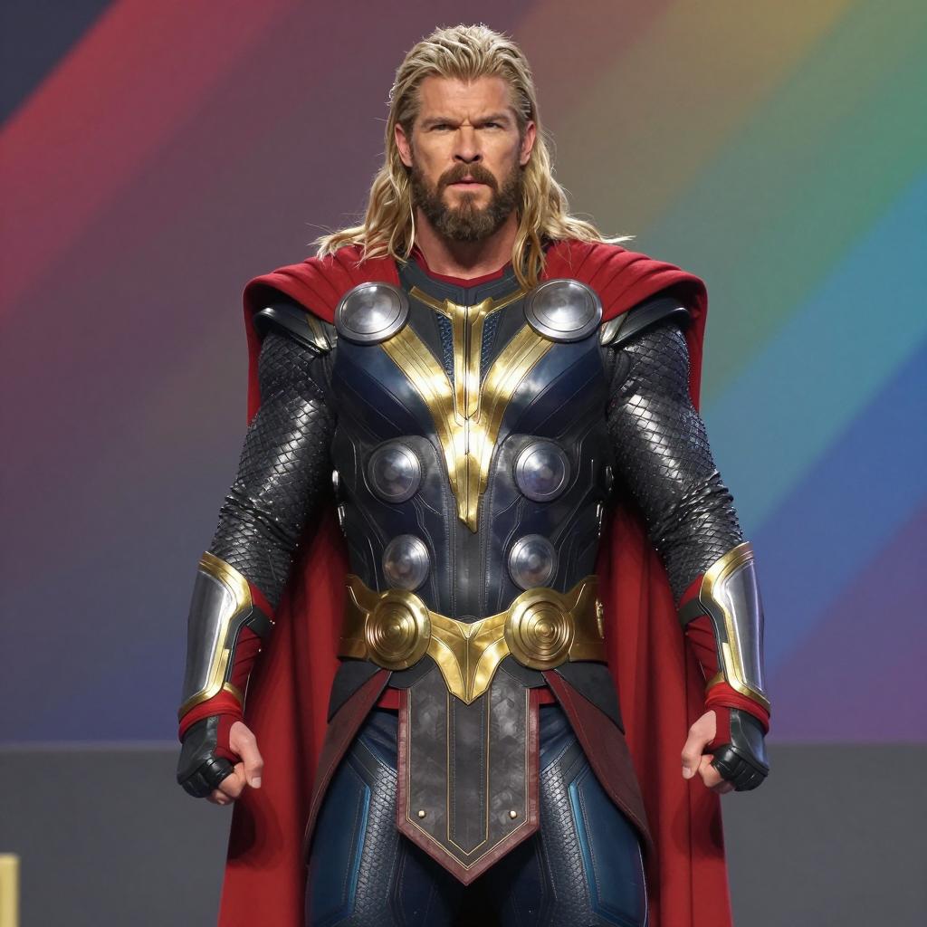 Man in Detailed Thor Superhero Costume with Red Cape and Metallic Armor