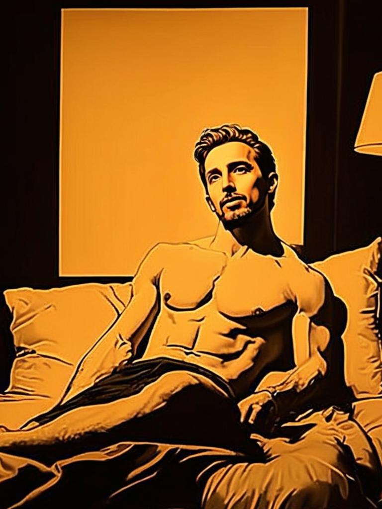 Muscular Man Lounging on Bed in Bold Graphic Art Muscular Man Lounging on Bed in Bold Graphic Art
