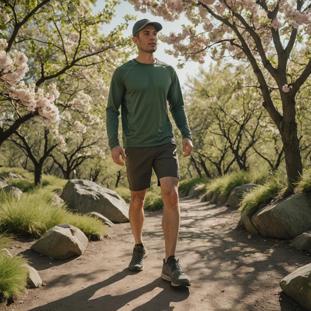 Man Walking on Blooming Path in Athletic Wear