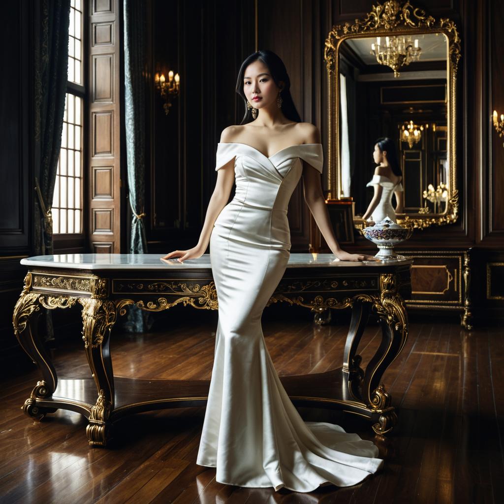 Elegant Woman in White Satin Gown Posing in Grand Antique Interior