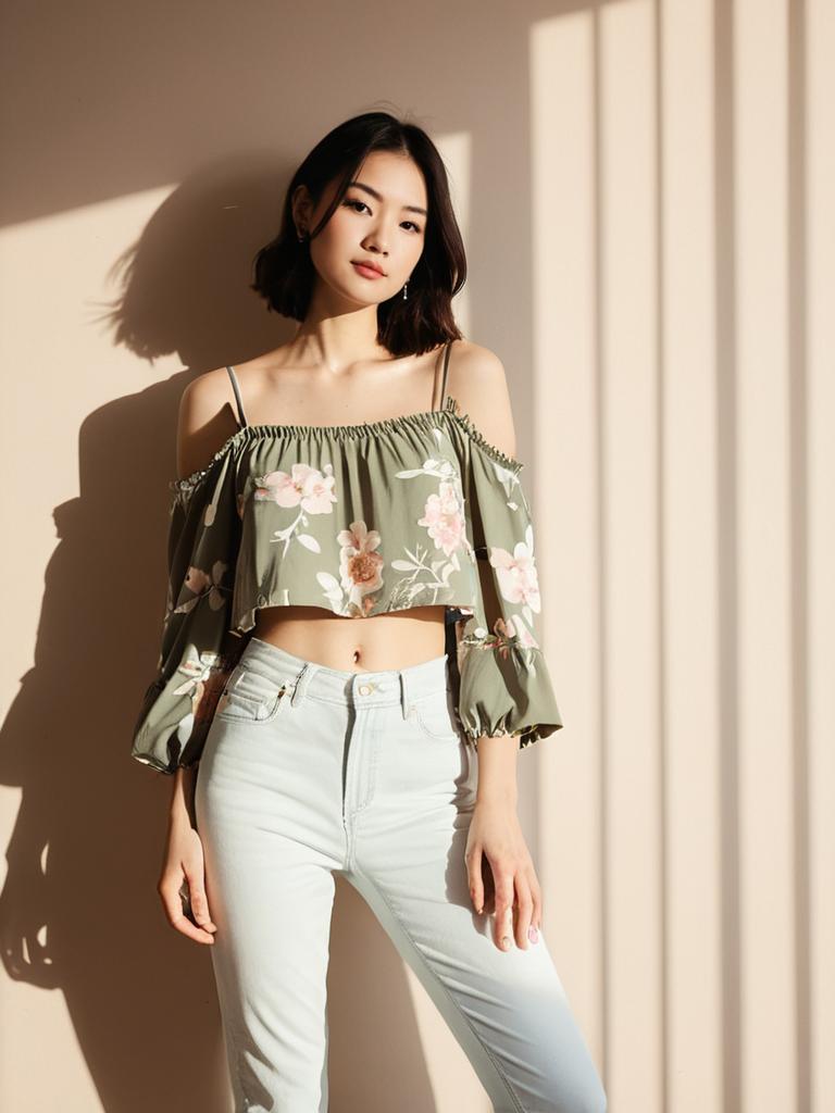 Woman in Contemporary Casual Olive Green Cold Shoulder Floral Top with White Jeans