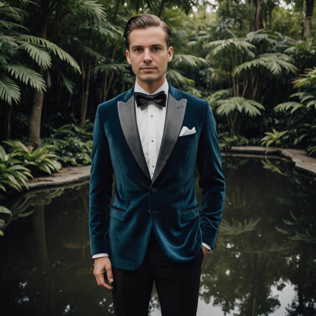 Elegant Man in Blue Tuxedo in Lush Garden