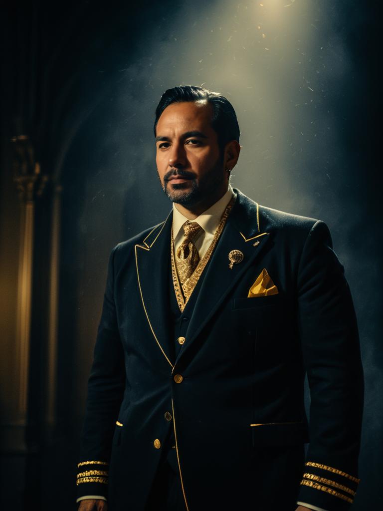 Realistic Mr. Landlord Cosplay Man in Elegant Dark Suit with Gold Details