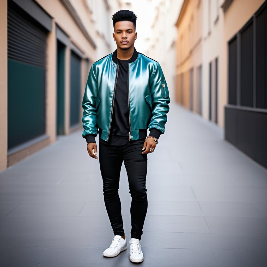 Stylish Young Man in Teal Bomber Jacket