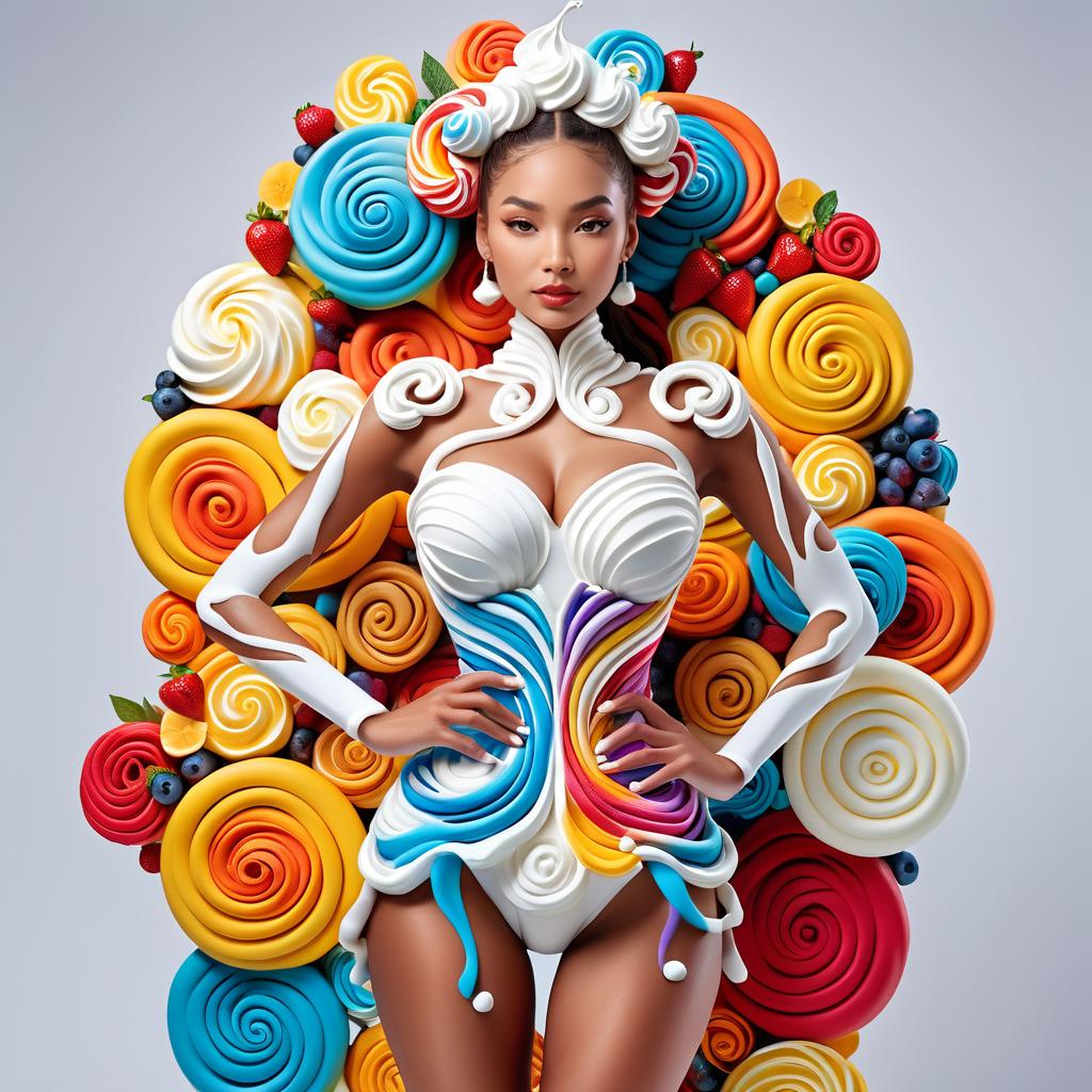 Candy-themed fashion model in vibrant swirls