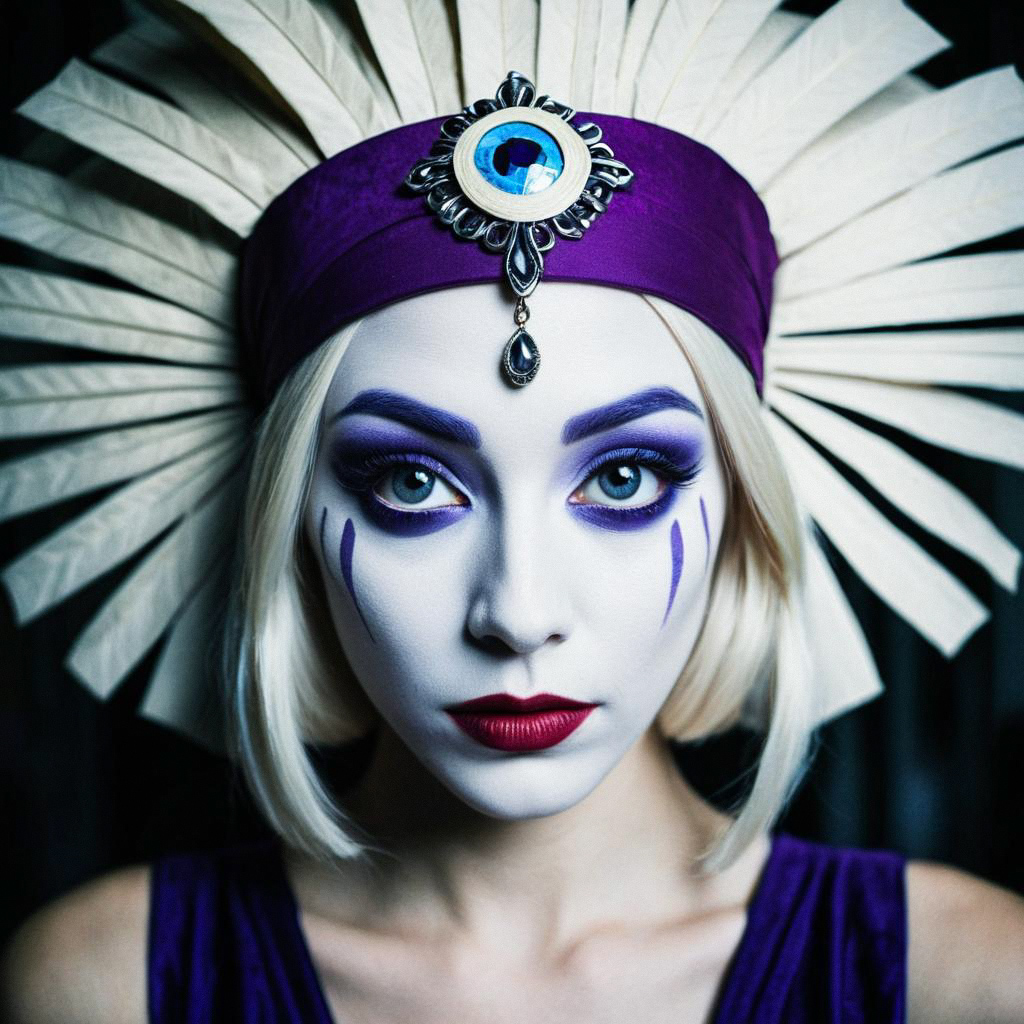 Woman with Pale Face Paint and Dramatic Purple Headpiece Woman with Pale Face Paint and Dramatic Purple Headpiece