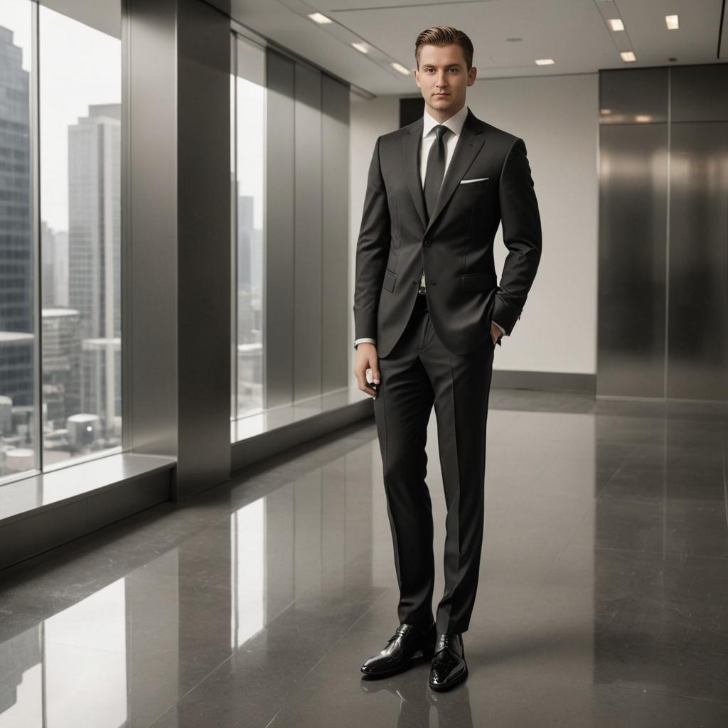 Confident Man in Black Suit in Modern Corporate Setting