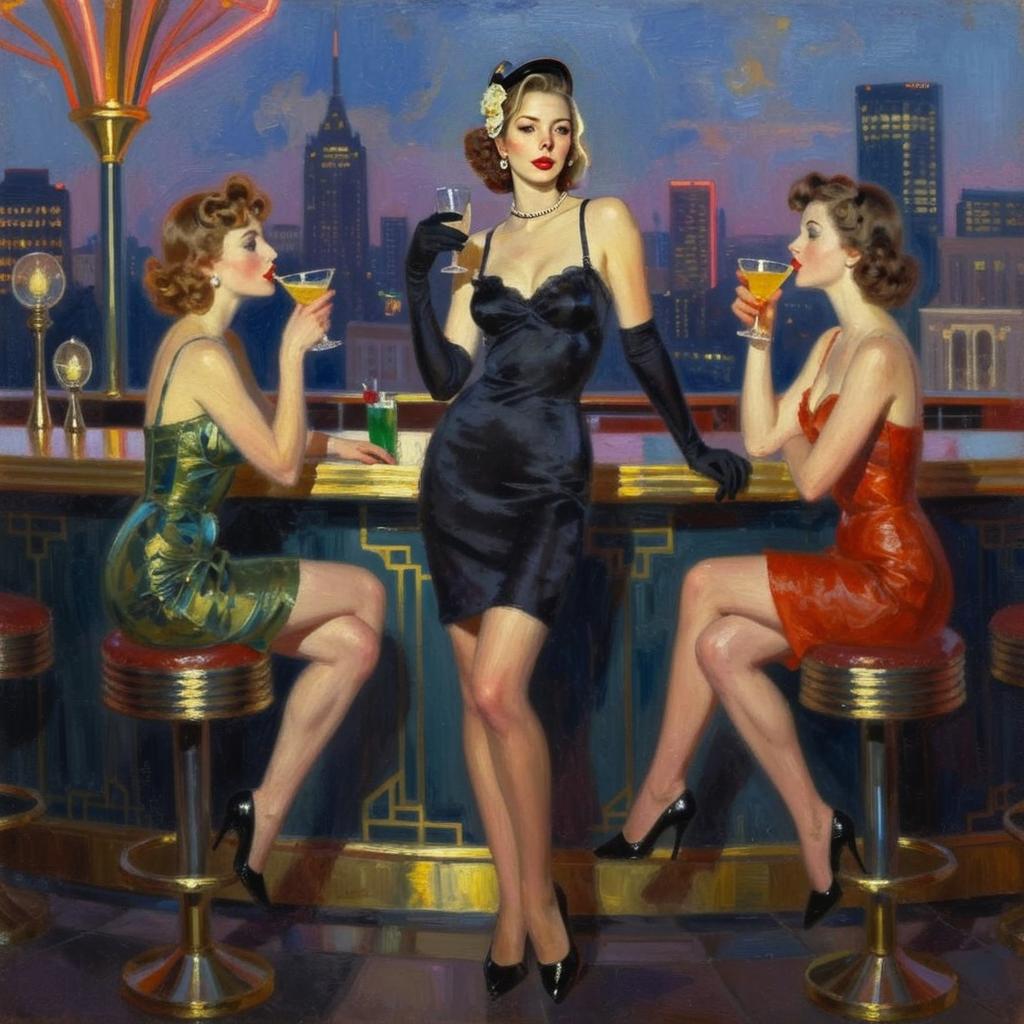 Vintage Glamorous Women Enjoying Drinks at a City Bar in Pin-Up Style