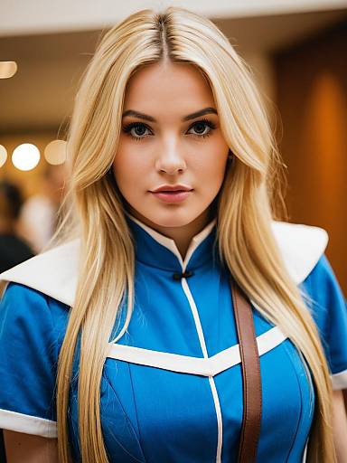 Blonde Woman in Blue and White Cosplay Outfit Portrait