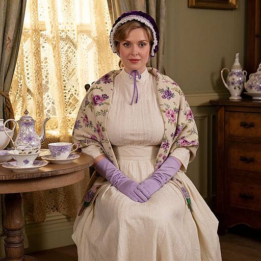 Victorian Woman in Elegant Period Dress Having Tea with Floral Porcelain