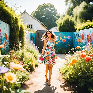 Joyful woman in flower-filled pathway with colorful murals
