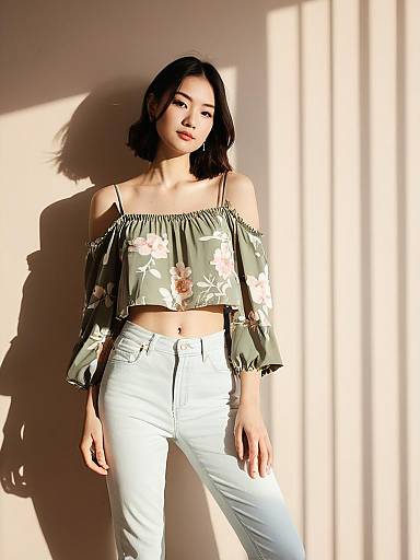 Woman in Contemporary Casual Olive Green Cold Shoulder Floral Top with White Jeans