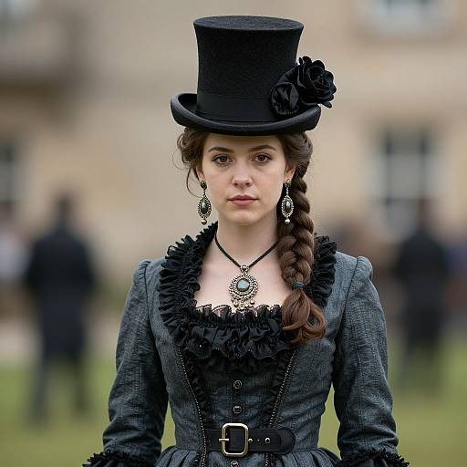 Elegant Victorian Woman in Gothic Style Dress with Top Hat Outdoors