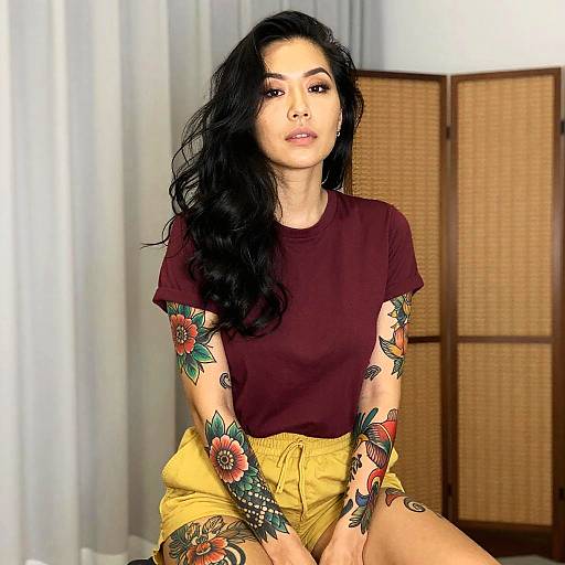 Confident Woman with Floral Tattoos Wearing Burgundy T-Shirt and Yellow Shorts