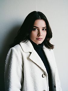 Young Woman Wearing White Coat and Black Turtleneck Fashion Portrait