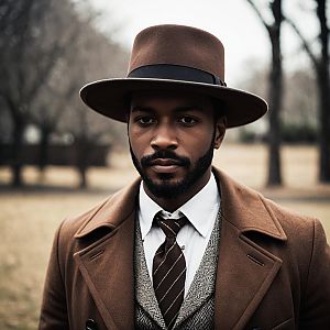 Django Unchained Style Man in Brown Hat and Coat Cosplay Portrait