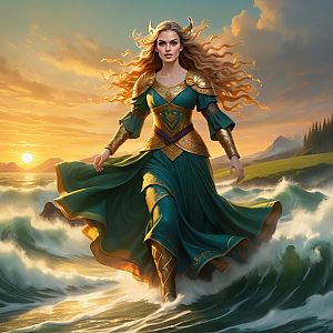 Powerful Woman in Golden Armor at Sunset