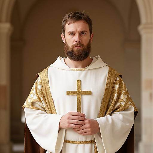 Solemn Priest Holding Golden Cross in Religious Robe