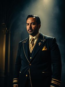 Realistic Mr. Landlord Cosplay Man in Elegant Dark Suit with Gold Details