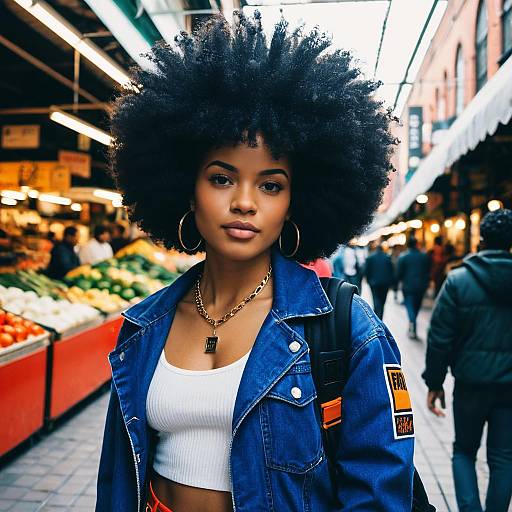 Young Woman with Afro Hairstyle at Vibrant Outdoor Market
