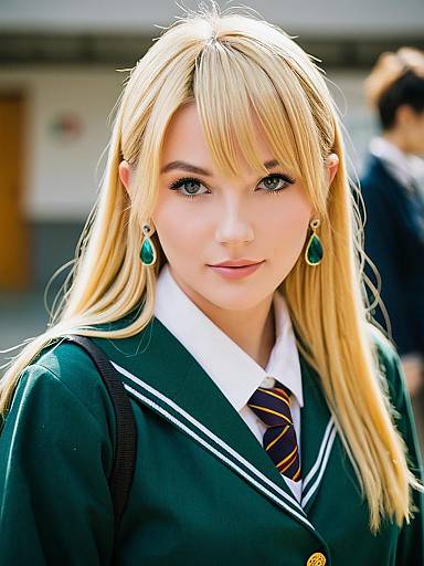 Portrait of Young Woman in Green School Uniform with Blonde Hair and Earrings