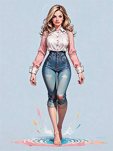 Realistic Comic Style Woman Full Body Casual Fashion Illustration