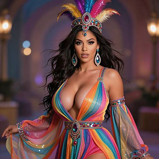 Vibrant Carnival Costume with Feathered Headdress and Jewels
