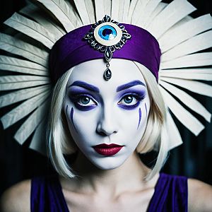 Woman with Pale Face Paint and Dramatic Purple Headpiece