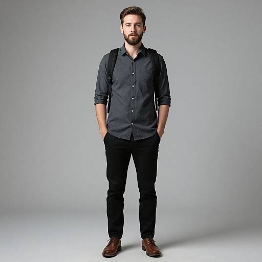 Bearded Man in Dark Gray Shirt with Backpack Standing Against Gray Background