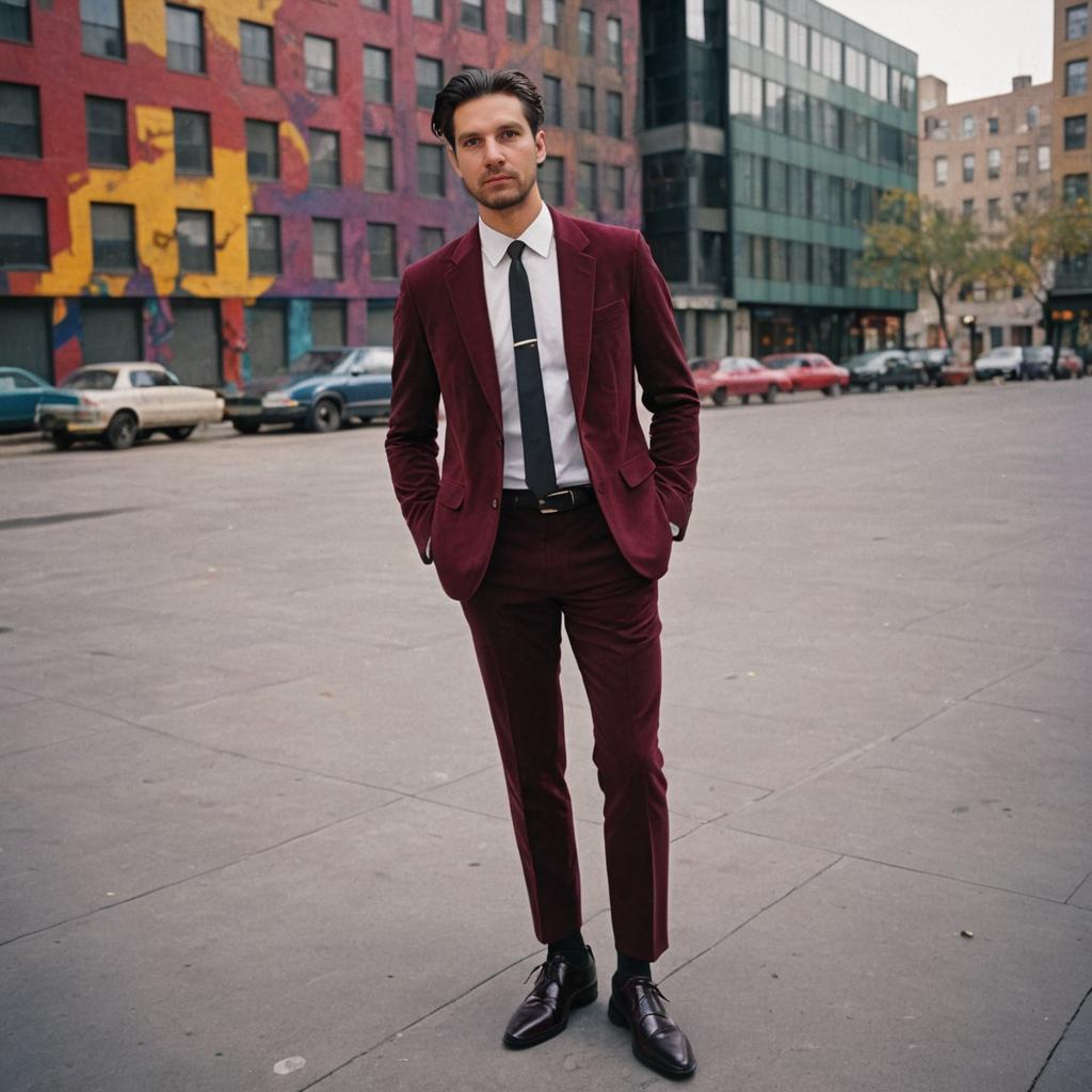 Stylish Man in Maroon Suit in Urban Setting