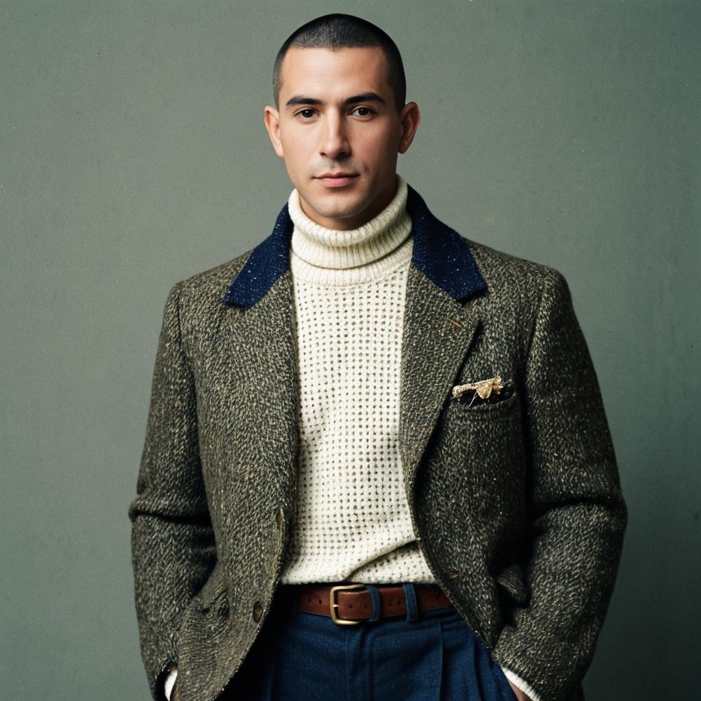Stylish Young Man in Tweed Blazer and Turtleneck Sweater