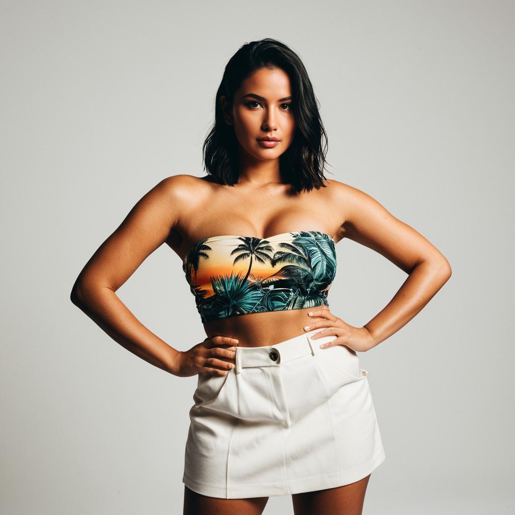 Confident Woman in Tropical Print Bandeau and White Skirt - Modern Fashion Portrait