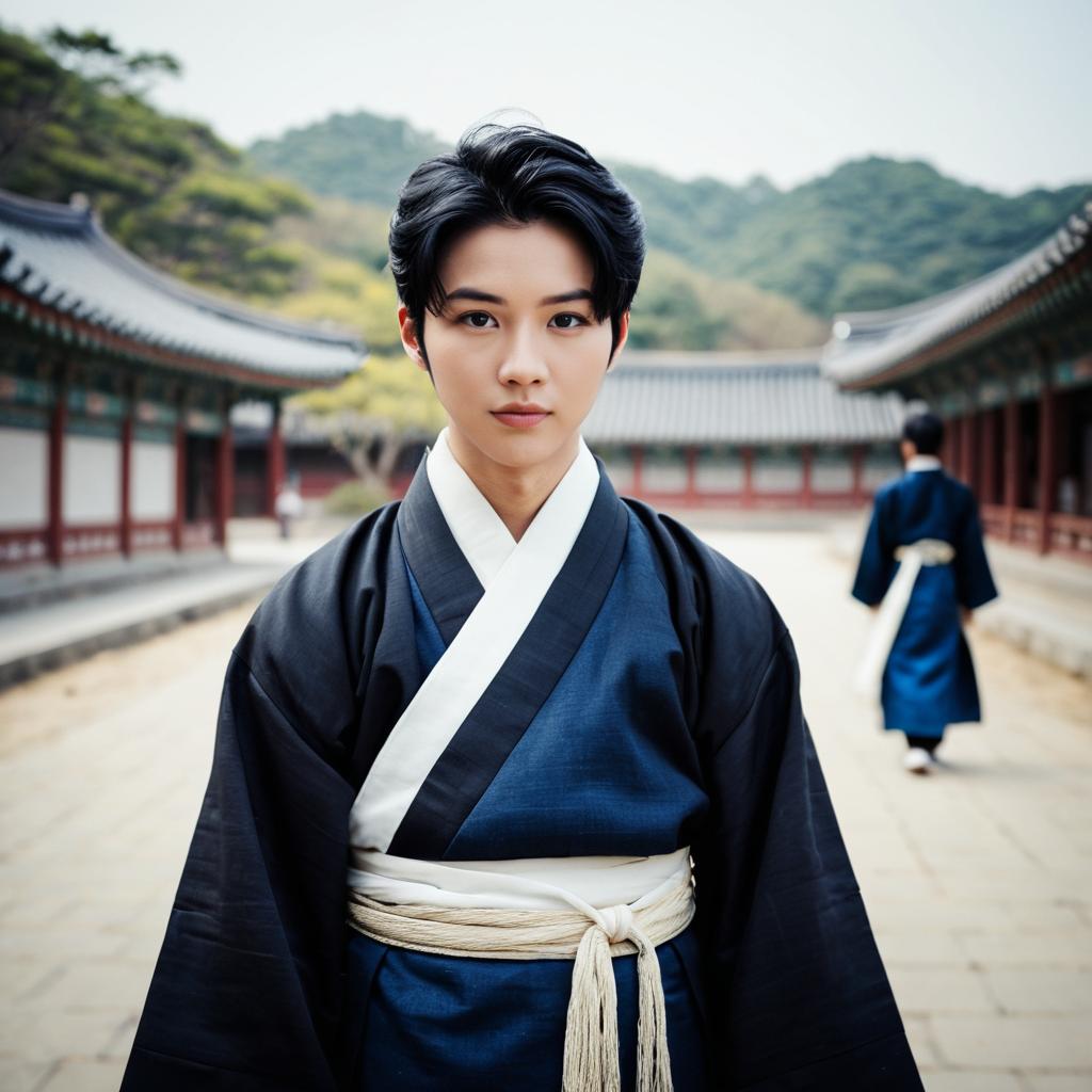 Young Man in Traditional Korean Hanbok in Historical Courtyard