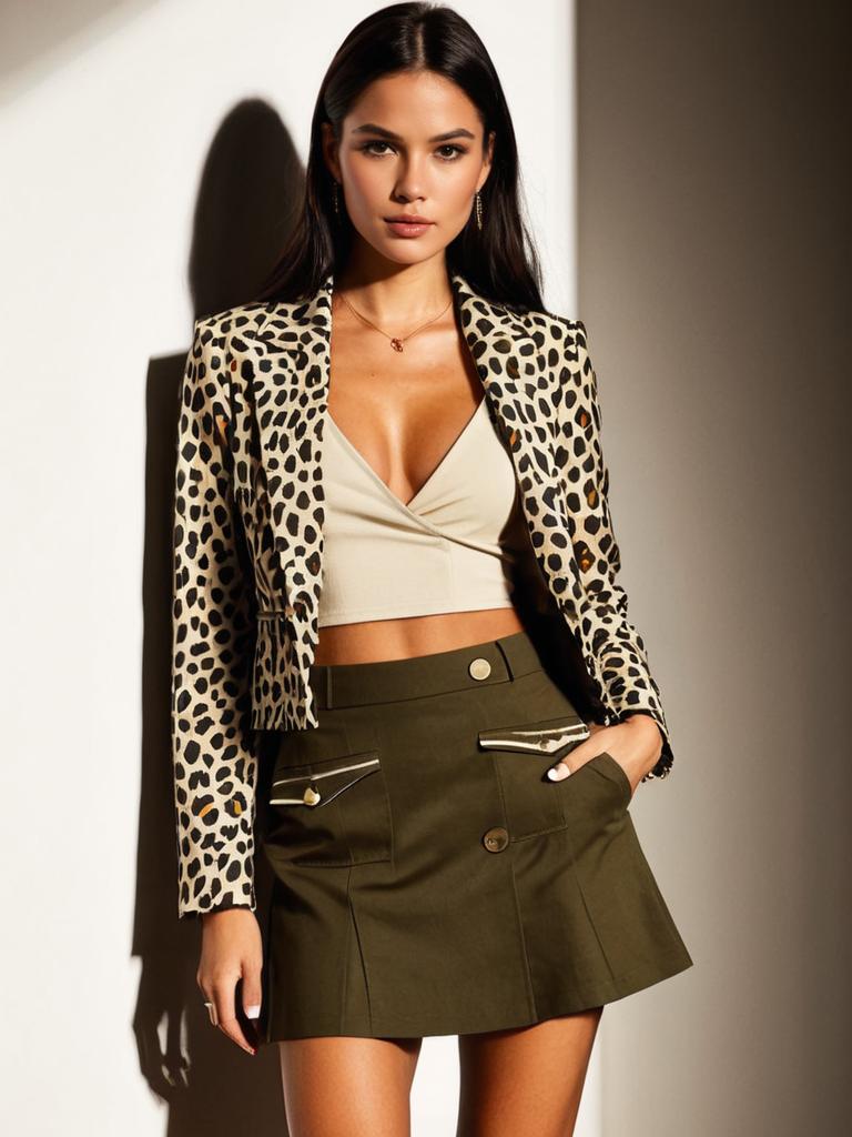 Woman Wearing Trendy Leopard Print Blazer with Fitted Silhouette and Olive Green Mini Skirt