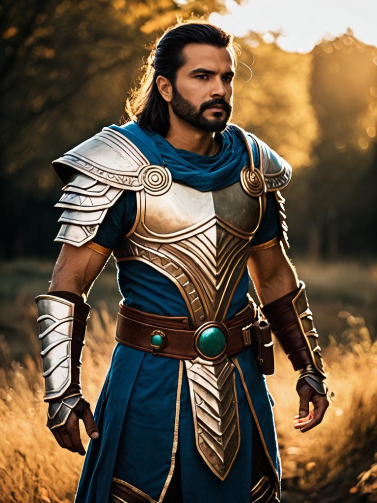 Man in Realistic Prohyas Warrior Cosplay Armor Costume Outdoors