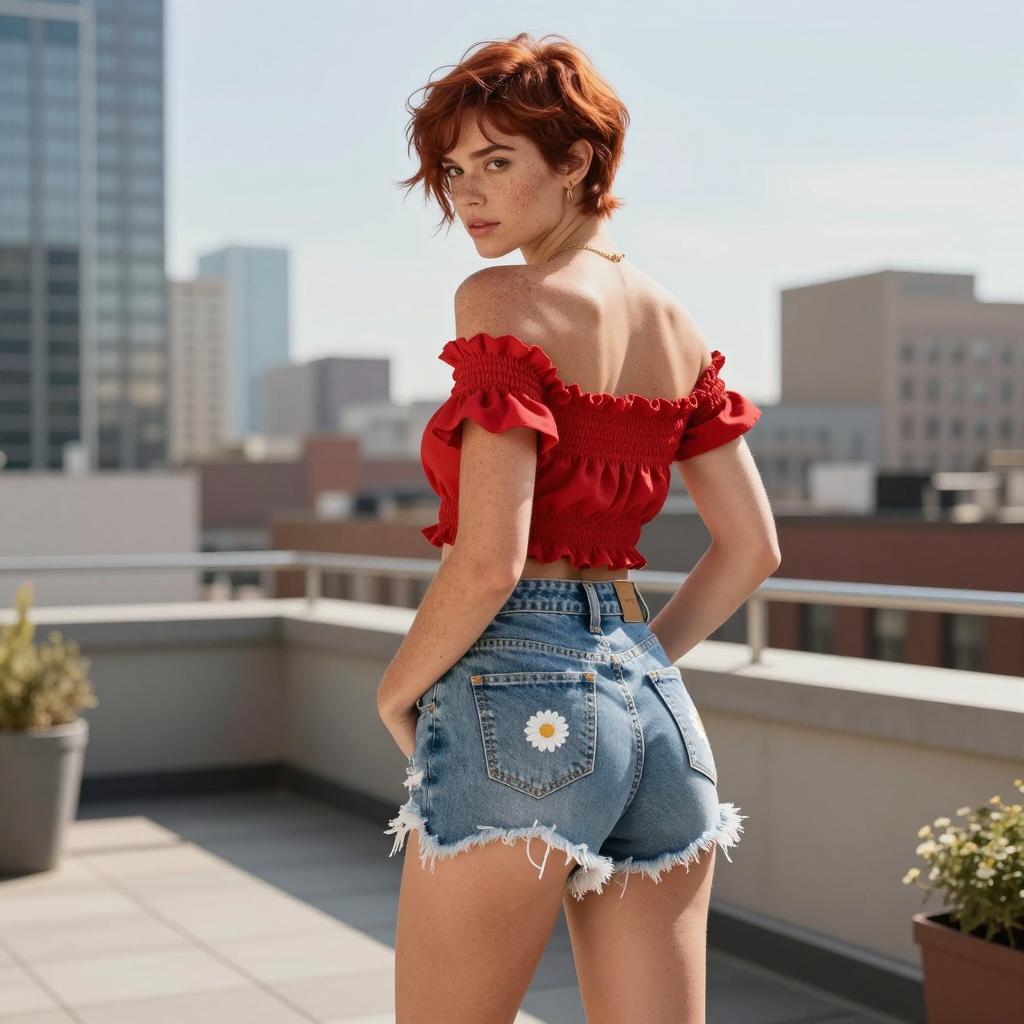 Trendy Gen Z Woman Wearing Red Crop Top and Denim Shorts on Urban Rooftop