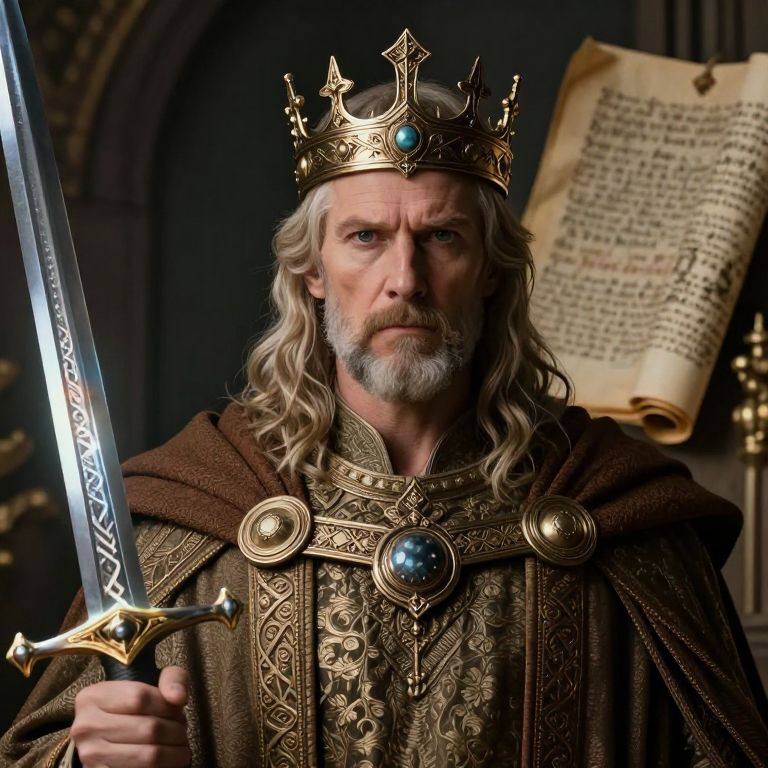 Medieval King Portrait with Ornate Sword and Golden Crown