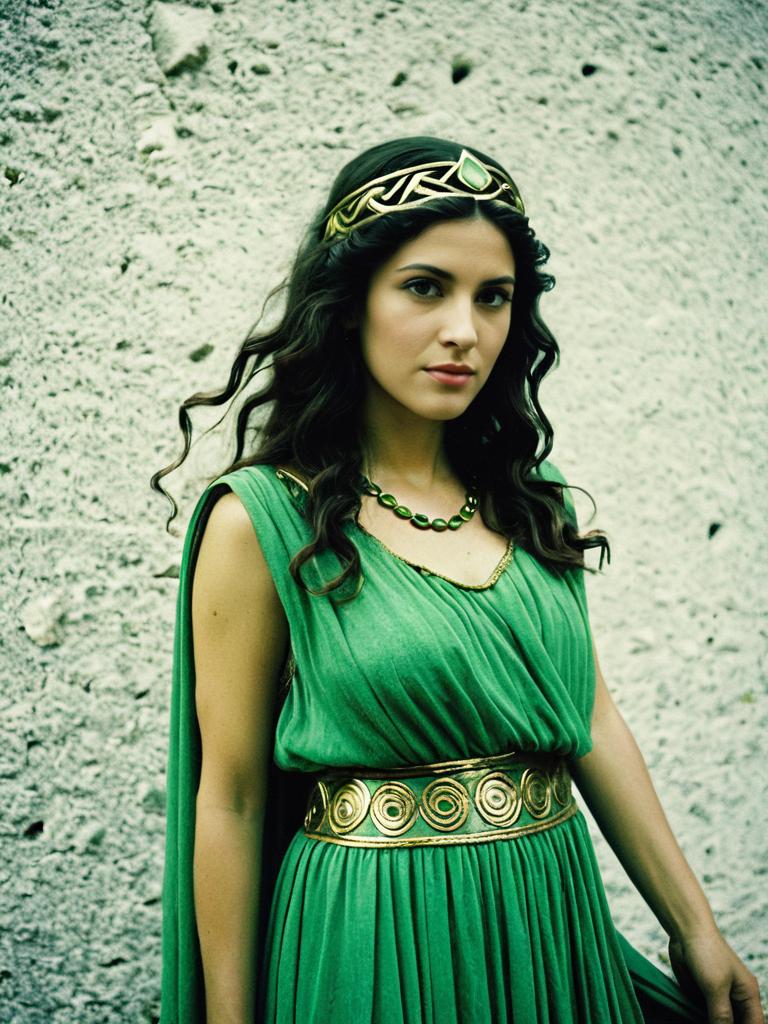 Woman in Green Greek Goddess Costume with Gold Accents