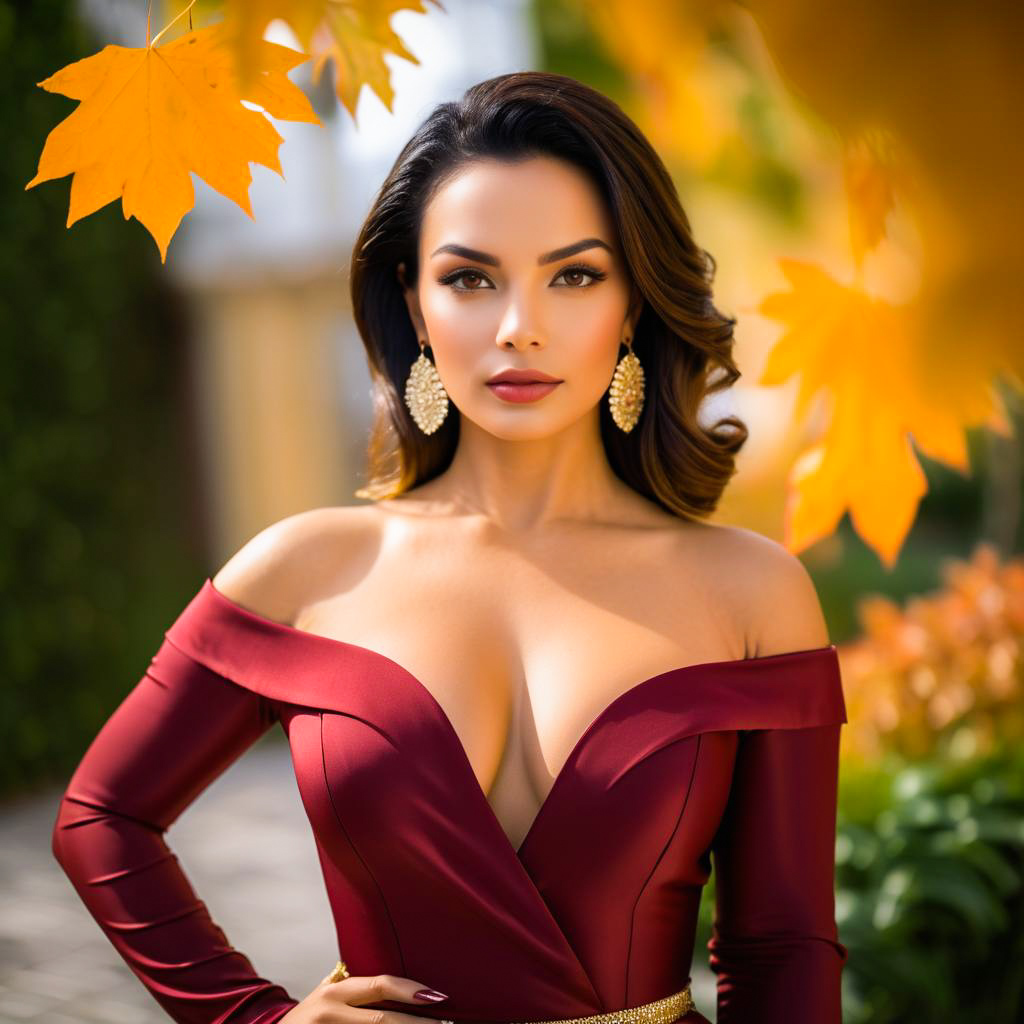 Elegant Woman in Red Dress Among Autumn Leaves