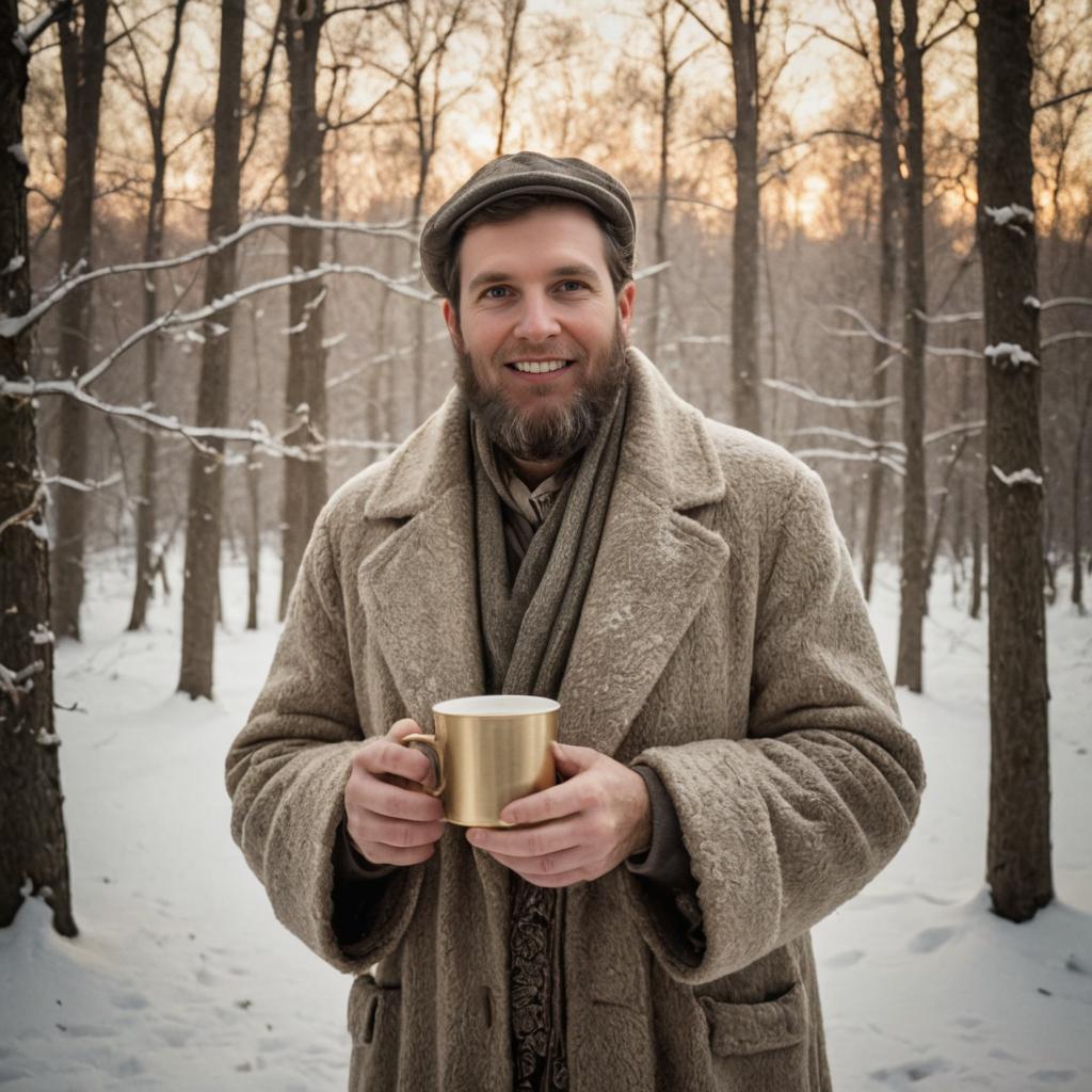 Man Celebrating Winter Solstice with Warm Mug in Snowy Landscape