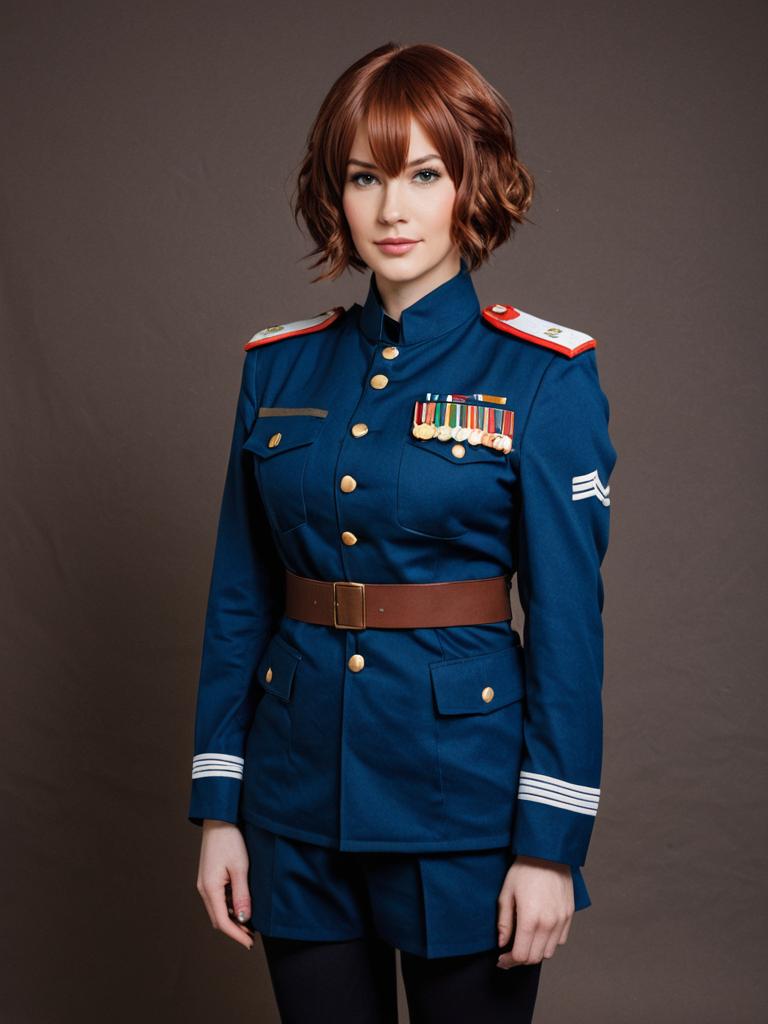 Woman in Formal Navy Blue Military Uniform with Medals