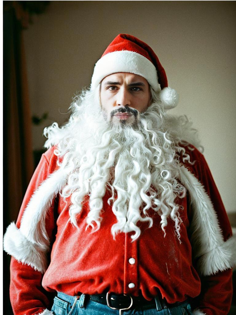 Realistic Santa Claus Man with Curly White Beard and Red Velvet Costume