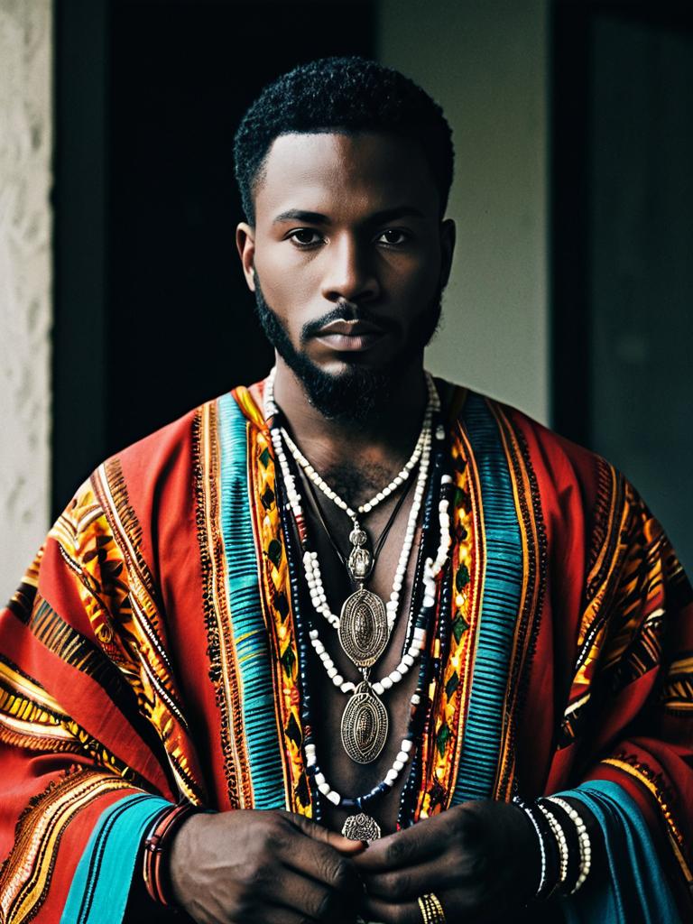 Dark Skinned Man Wearing Traditional Dashiki with Beaded Necklaces