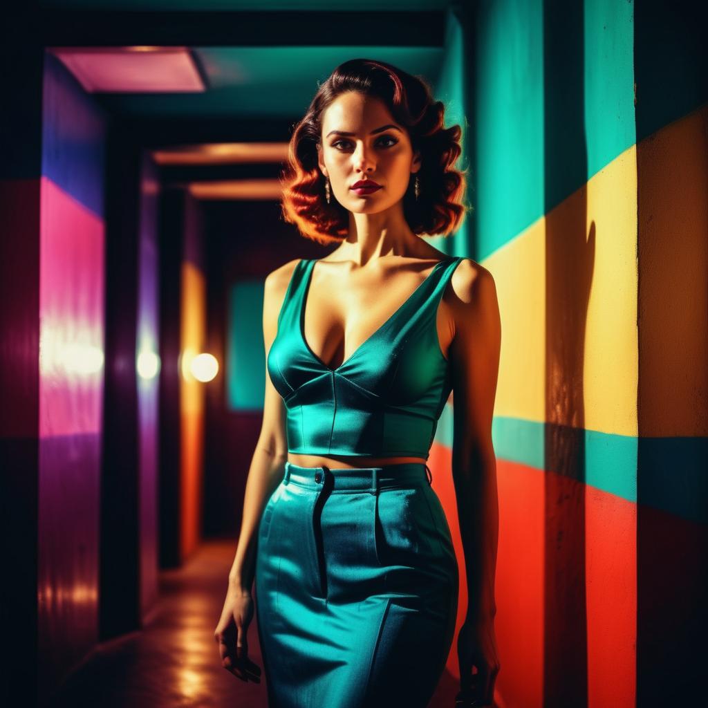 Confident Woman in Teal Satin Outfit in Colorful Hallway