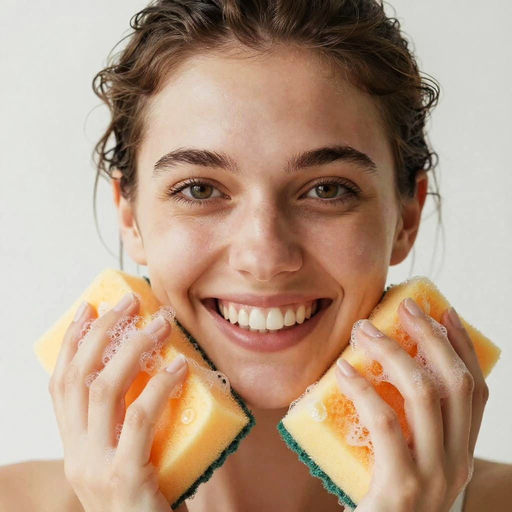 Smiling Woman Holding Soapy Yellow Sponges in Clean Skincare Moment