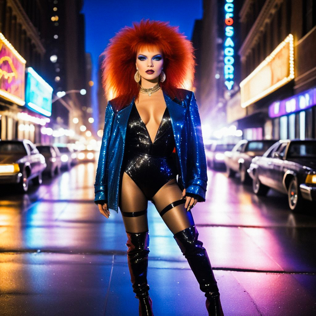 Confident Woman in Shimmering Blue Outfit with Red Hair