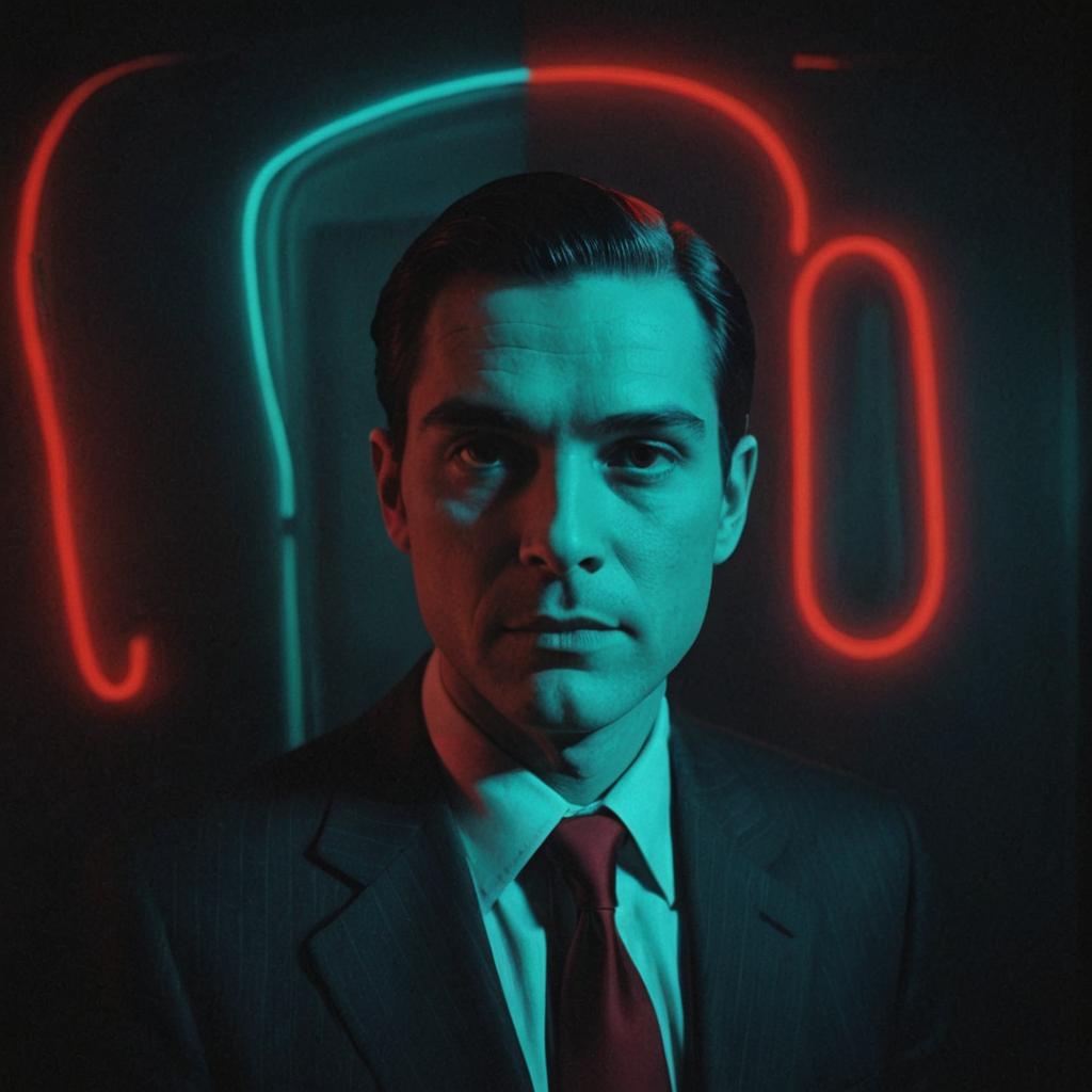 Mysterious Man in Suit with Neon Glow