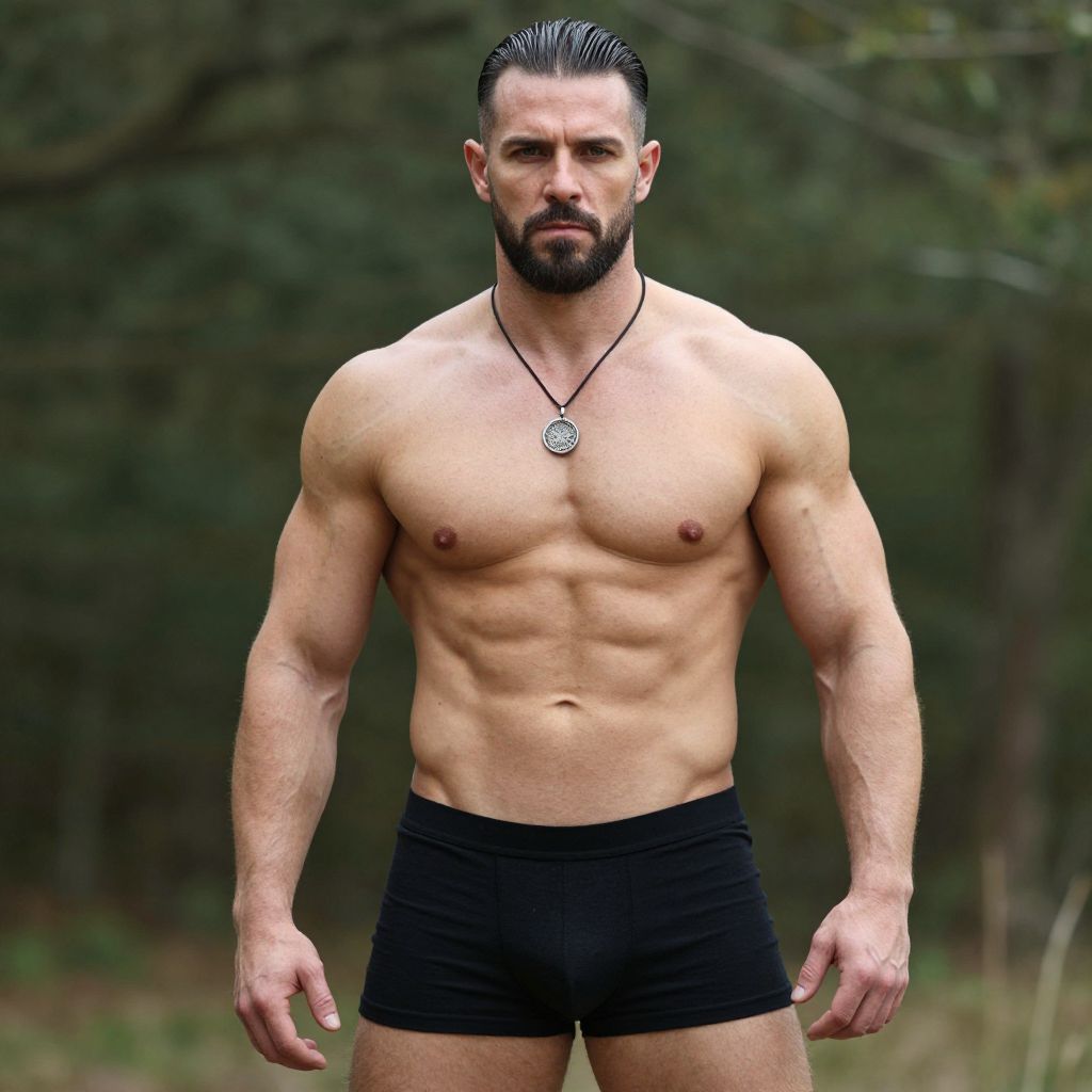Muscular bearded man standing outdoors in black shorts