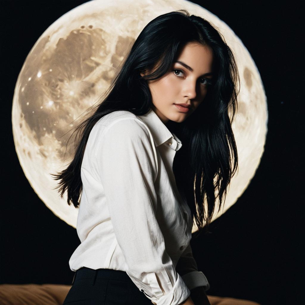 Portrait of a Woman with Full Moon Backdrop Realistic Style Portrait of a Woman with Full Moon Backdrop Realistic Style